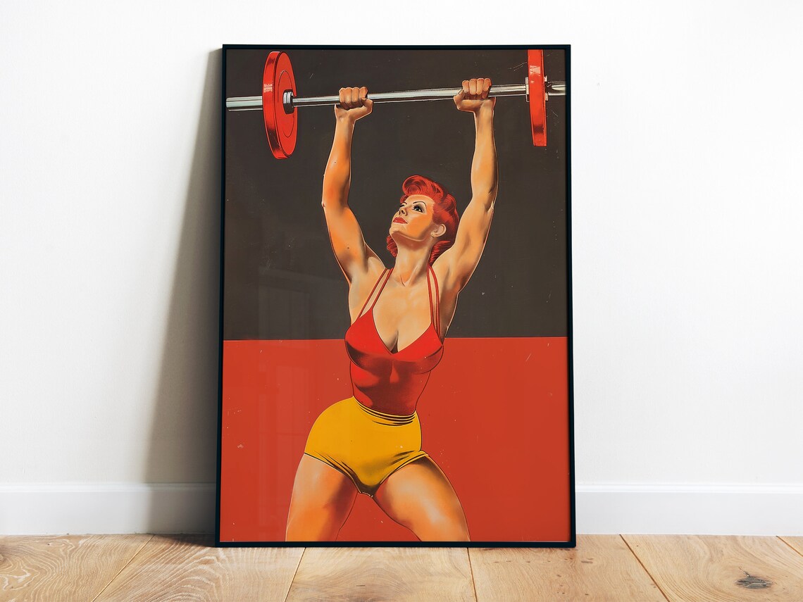Retro Bodybuilder Woman Barbell Press Red Vintage Gym Fitness Poster