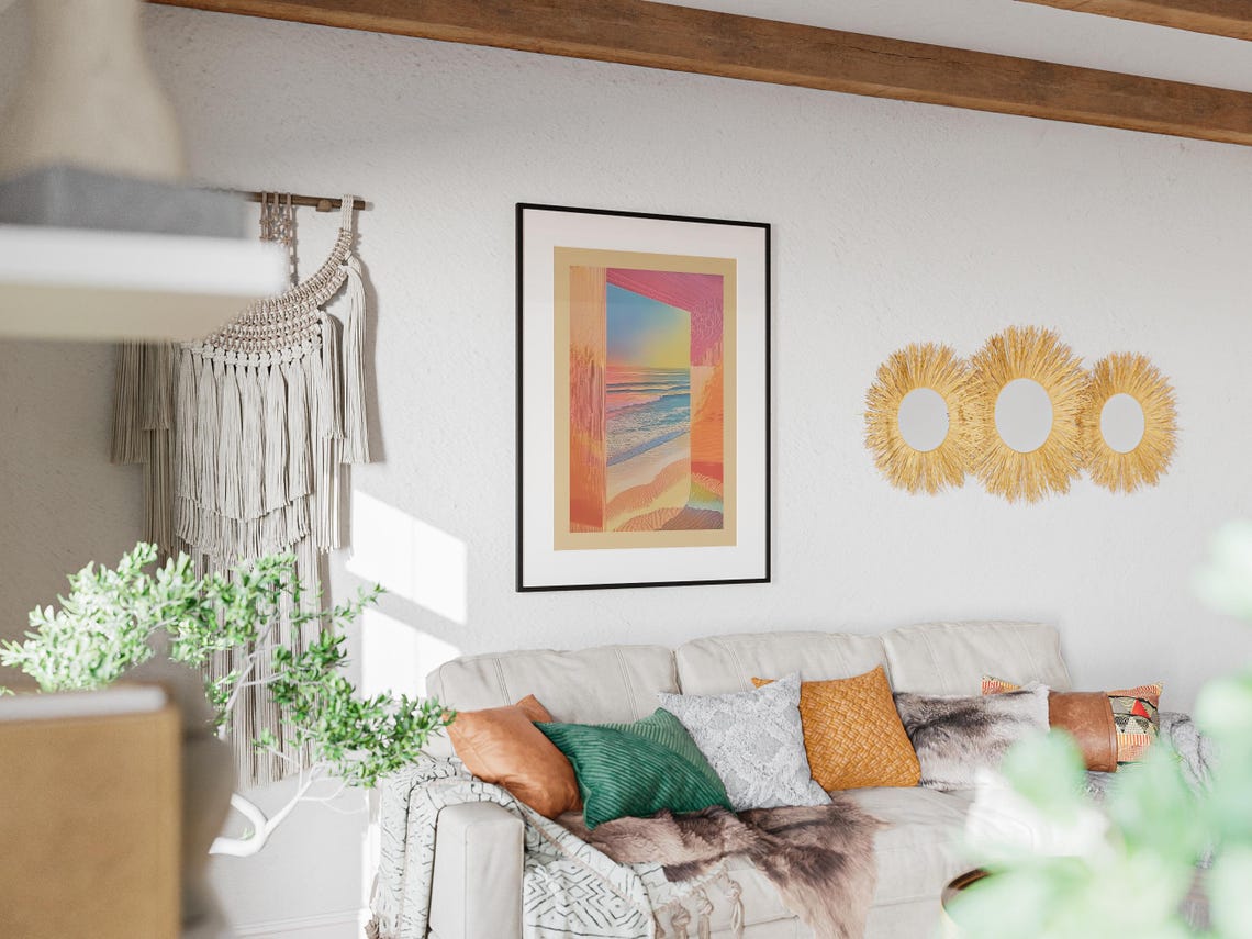Pastel Sunset Beach View Through Door Dreamy Ocean Art Poster - Image 3