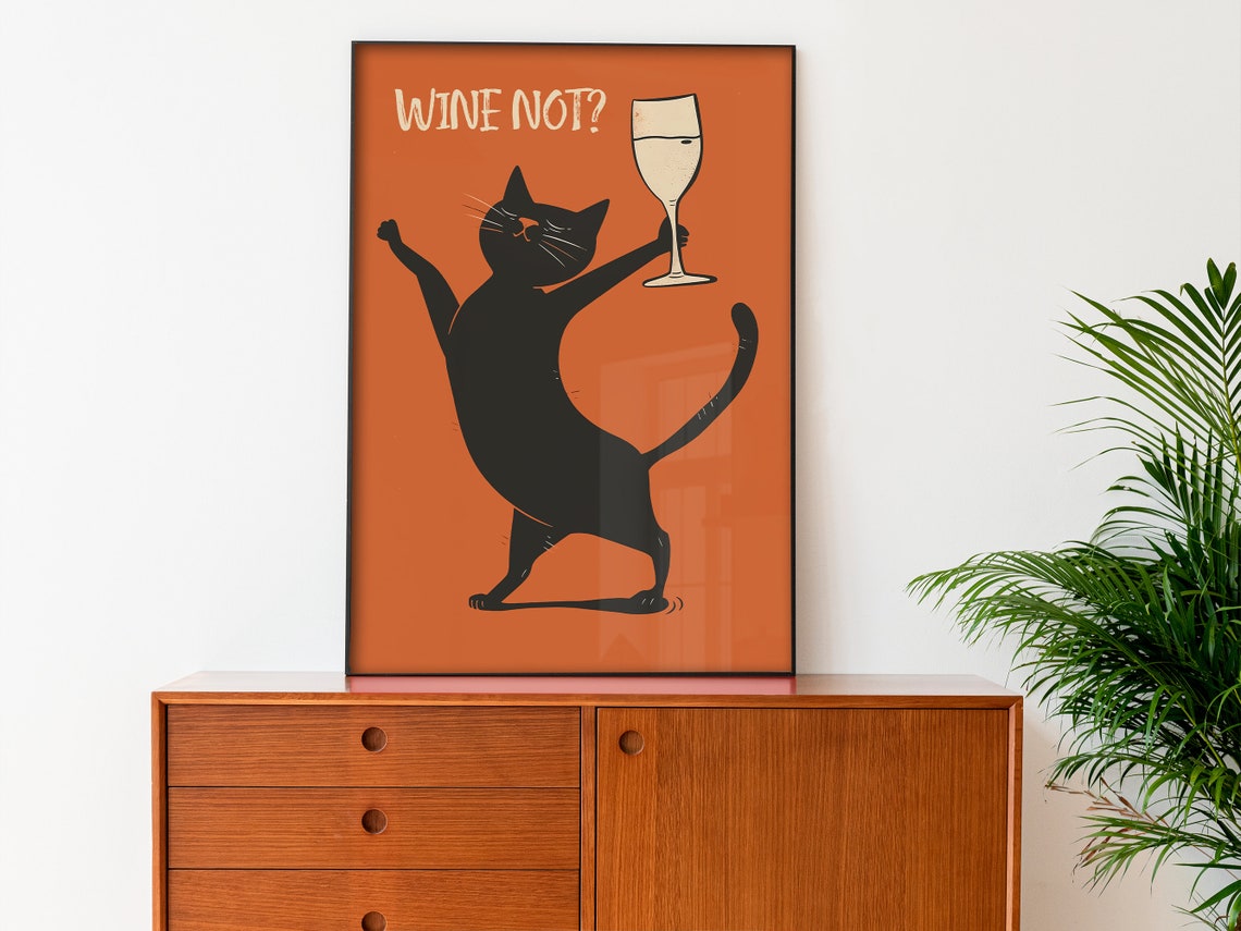 Wine Not Dancing Black Cat With Wine Glass Orange Funny Cat Poster - Image 3