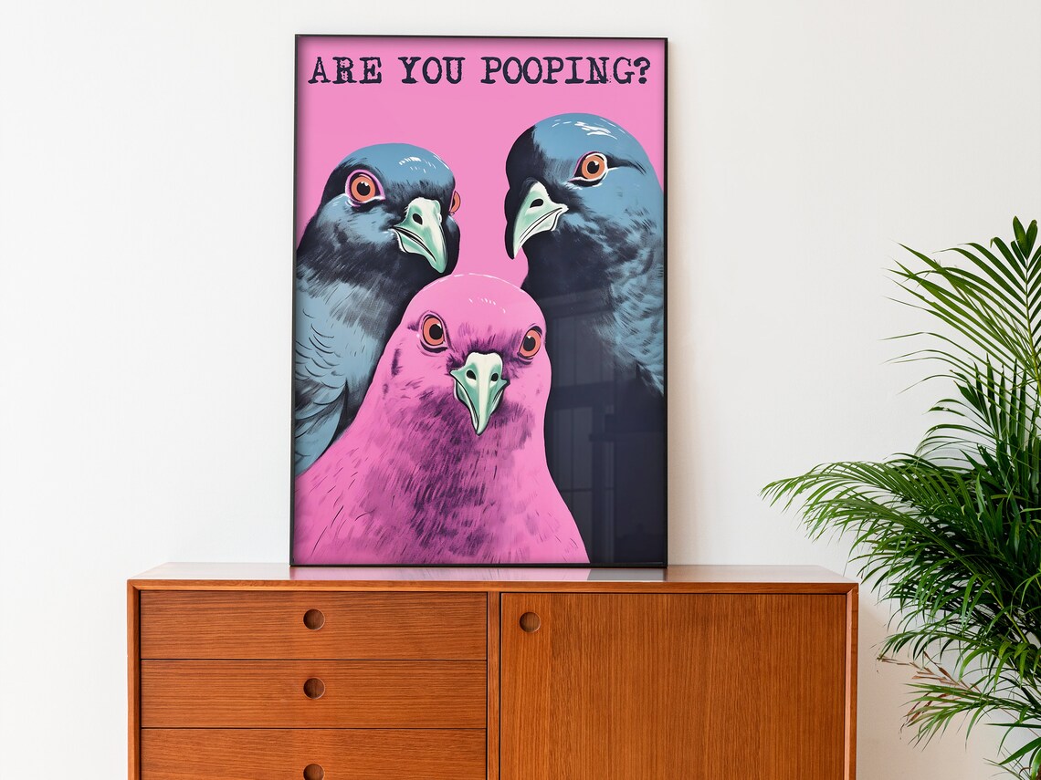 Funny Bathroom Pigeon Poster, Pink Toilet Wall Art - Image 3