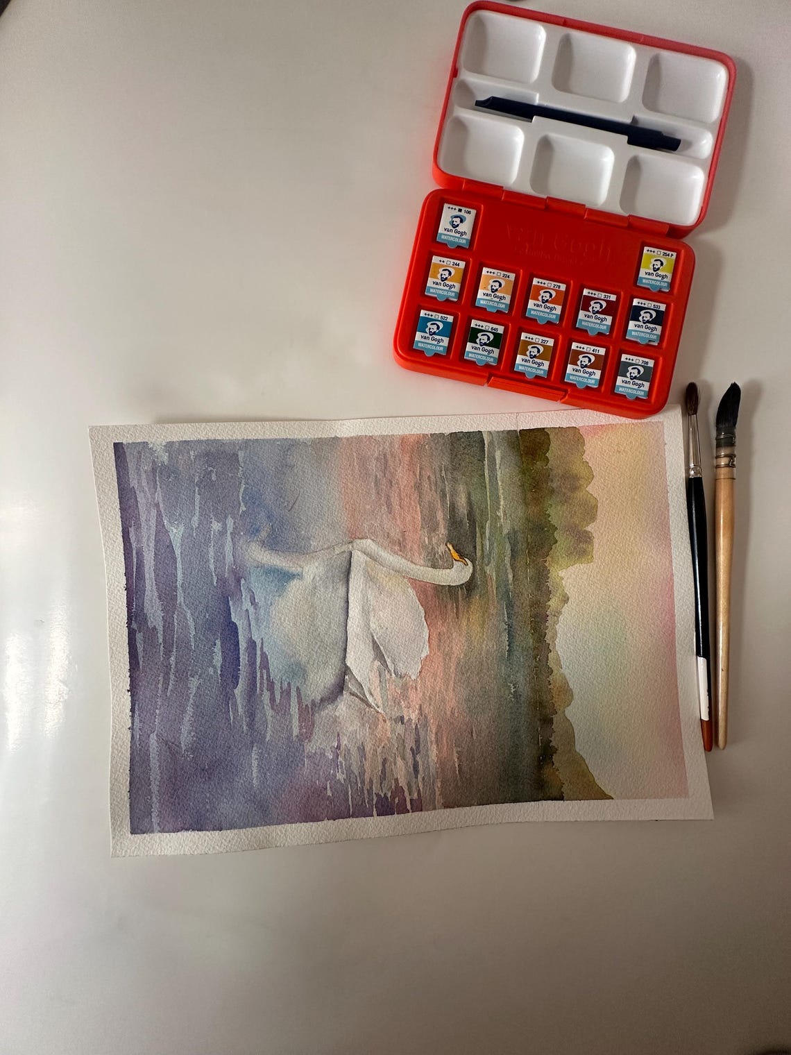 White Swan Gliding on a Sunset Lake Watercolor Nature Poster - Image 2