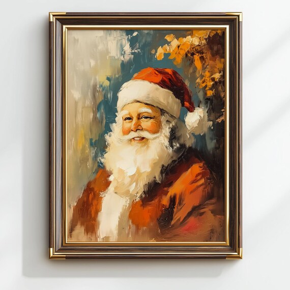 Vintage Santa Claus Smiling Portrait Christmas Oil Painting Poster