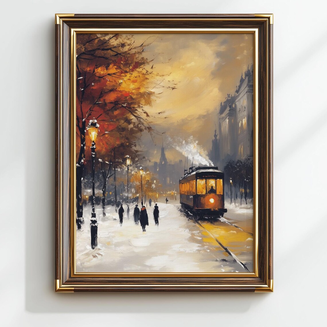 Vintage Tram Snowy European Street Lamp Dusk Oil Painting Poster