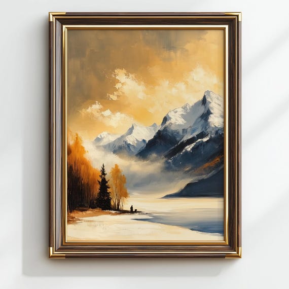 Vintage Mountain Landscape Print Golden Sky Winter Scene
