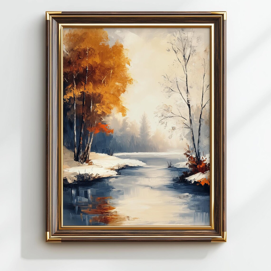 Frozen River Winter Landscape Golden Trees Vintage Oil Style Poster