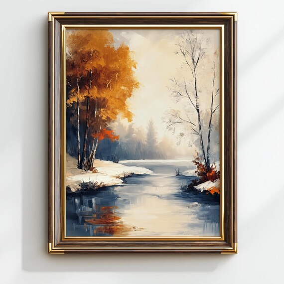 Winter Landscape Painting Frozen River Moody Vintage Art