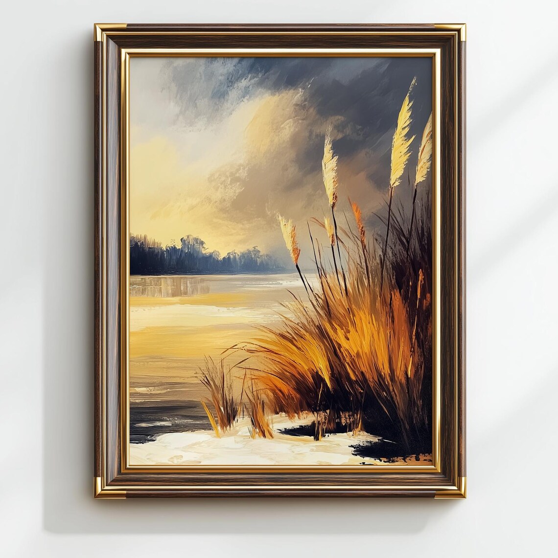 Winter Lakeshore Frosted Grasses Stormy Sky Oil Painting Print