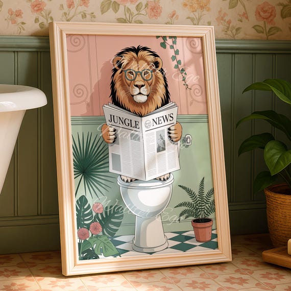 Lion On The Toilet Bathroom Wall Print Funny Home Decor Trendy New Gifts
