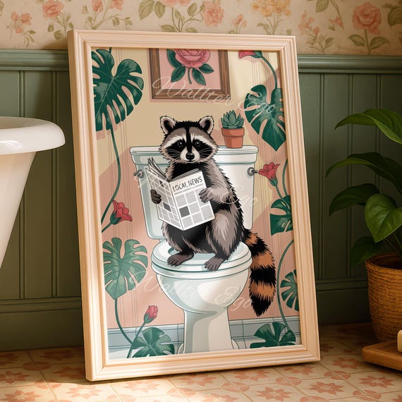 Raccoon On The Toilet Bathroom Wall Print Funny Home Decor Trendy New Gifts