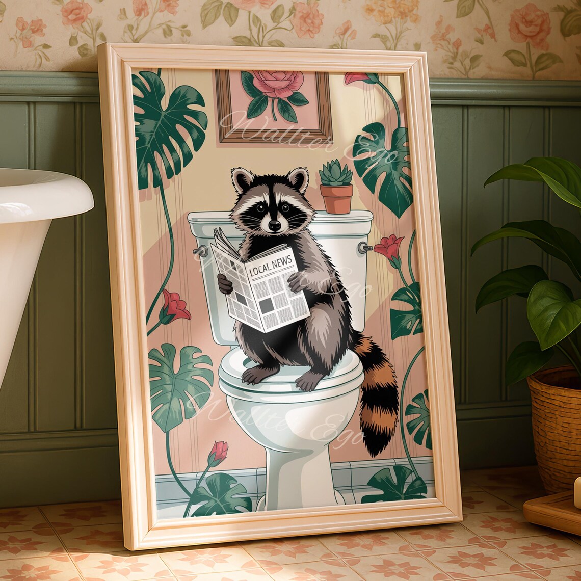 Funny Raccoon on Toilet Reading Local News Tropical Bathroom Poster