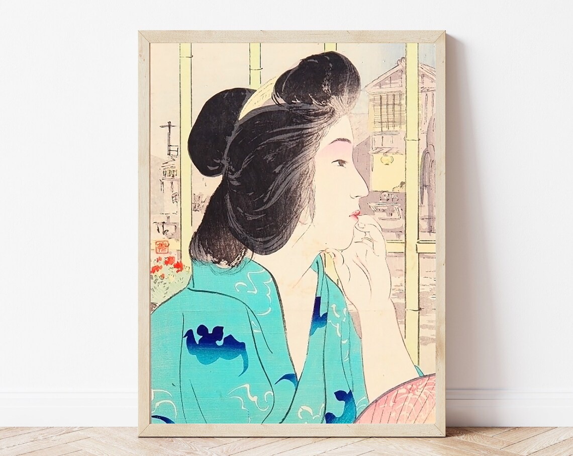 Kiyokata Kaburagi Geisha Profile Turquoise Kimono Woodblock Poster