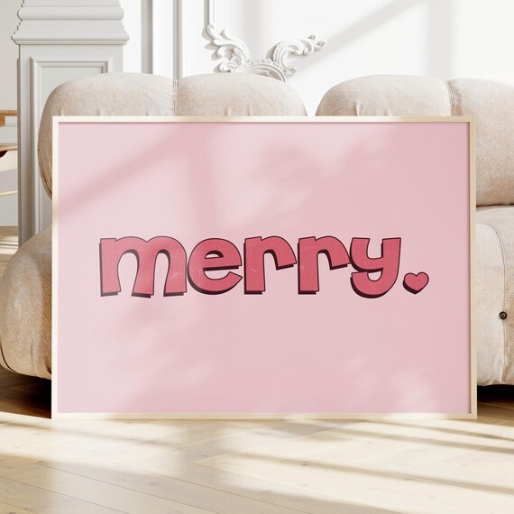 Merry Pink Retro Typography Pastel Christmas Holiday Art Poster