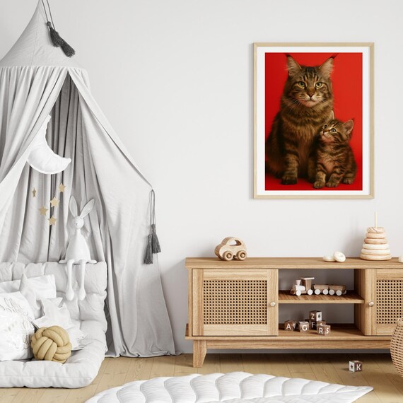 Maine Coon Mother Kitten Red Portrait Sweet Family Cat Animal Poster