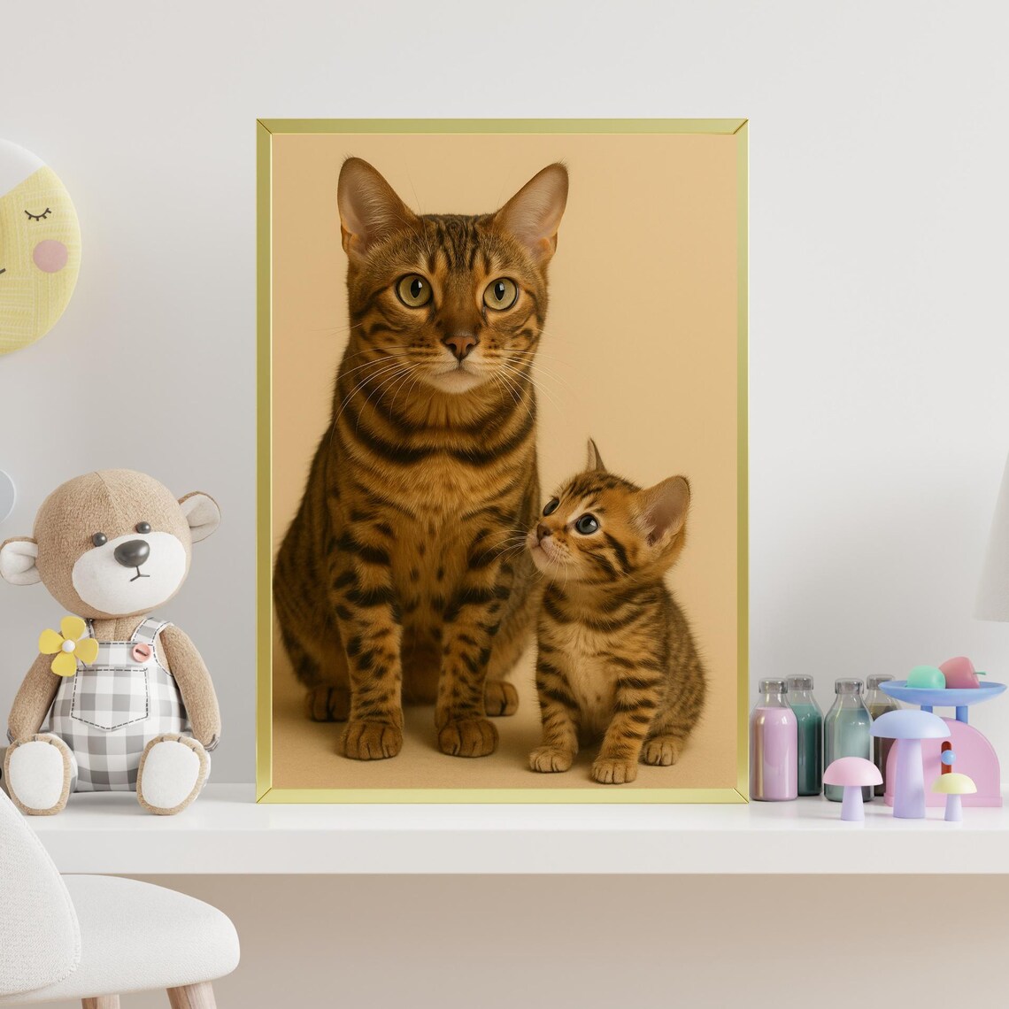Bengal Cat Kitten Beige Studio Portrait Spotted Golden Sweet Animal Poster