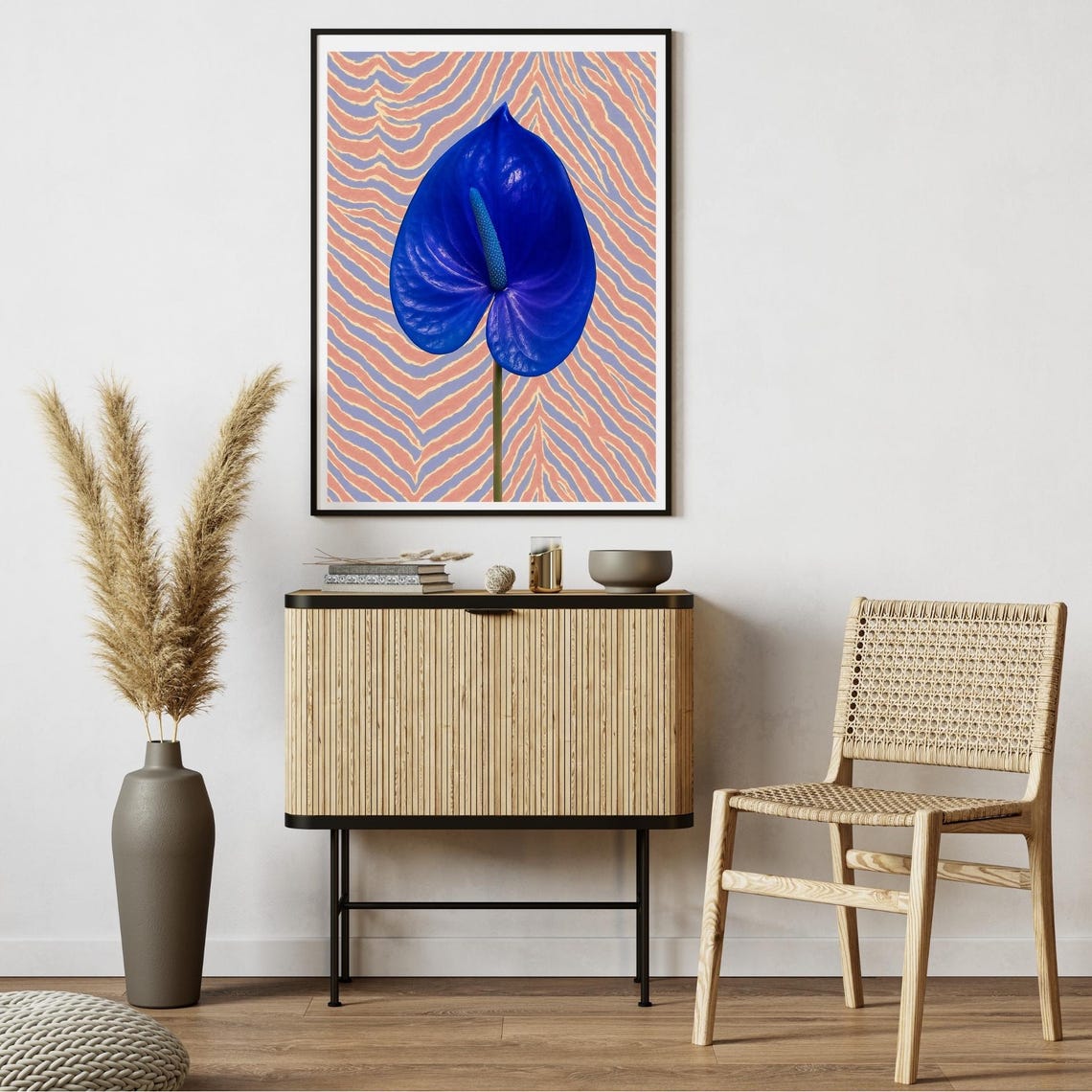 Blue Anthurium Flower Coral Stripe Bold Pop Botanical Poster