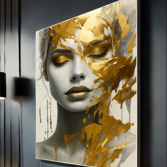 Gold Splash Woman Portrait Glamorous Black White Canvas Art Luxury Makeup Wall Print Fashion Face Poster Ready To Hang