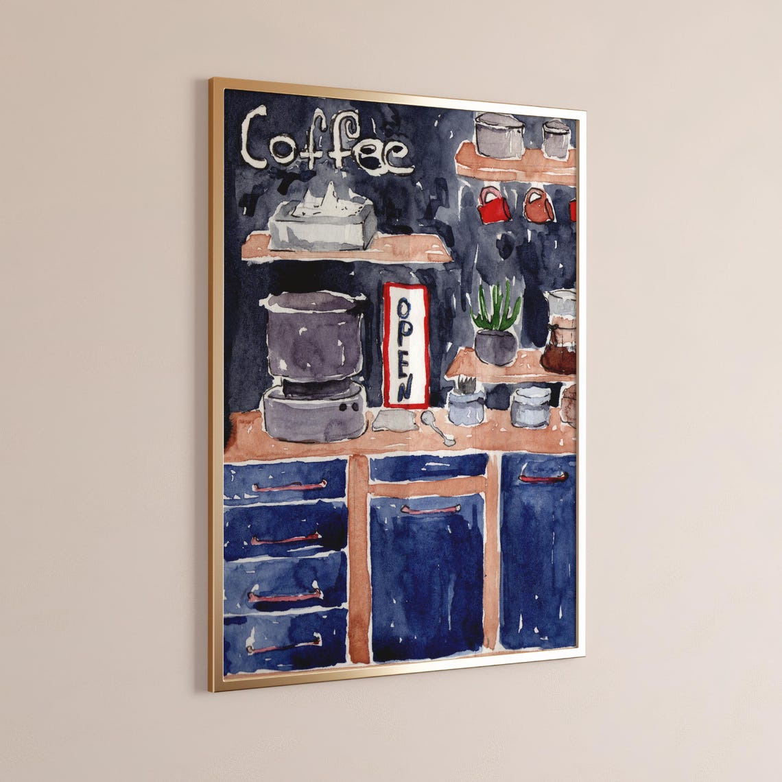 Coffee Bar Watercolor Night Interior Navy Drawers Open Sign Wall Art - Image 3