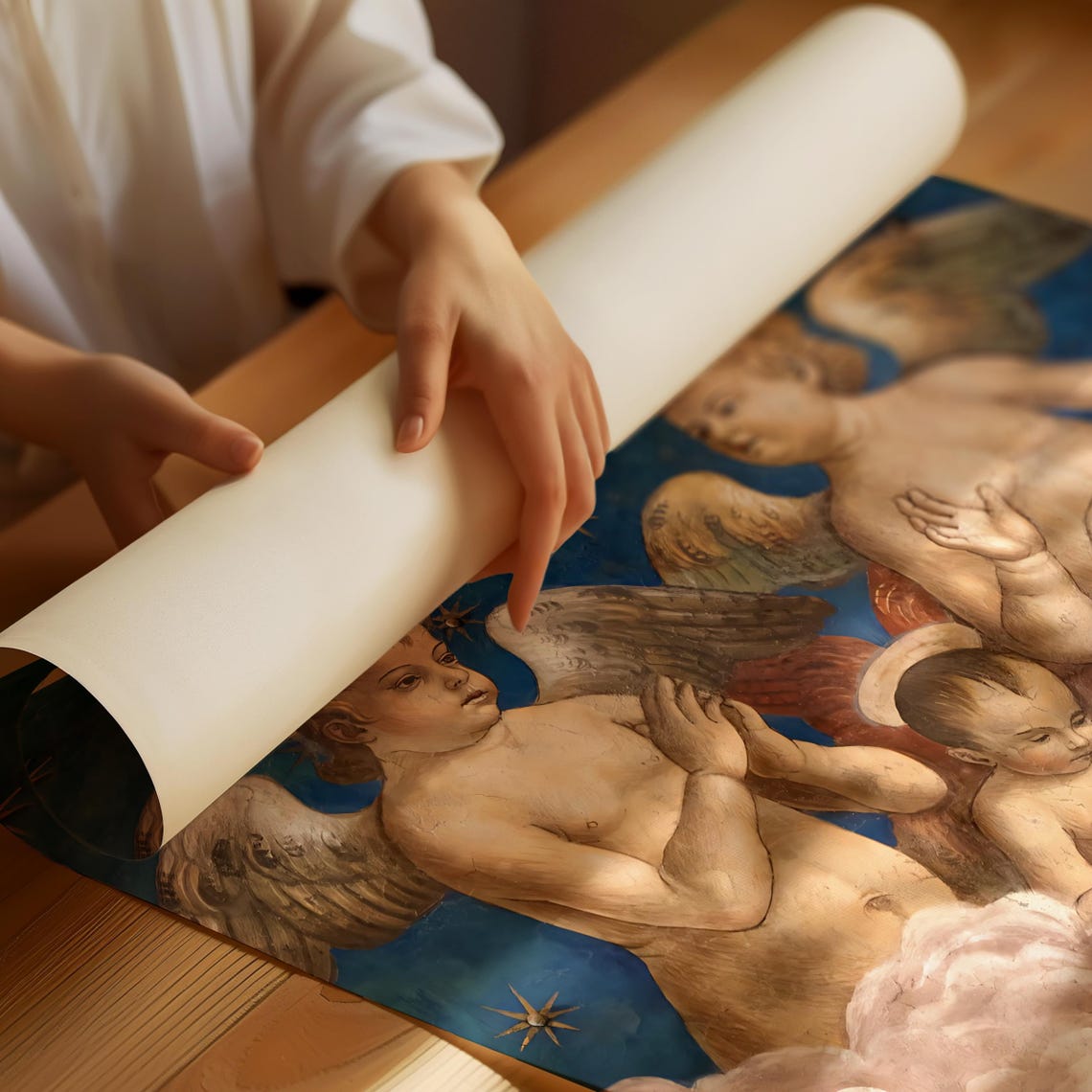 Cherubim Angels On Clouds Blue Starry Sky Religious Painting Wall Art - Image 3