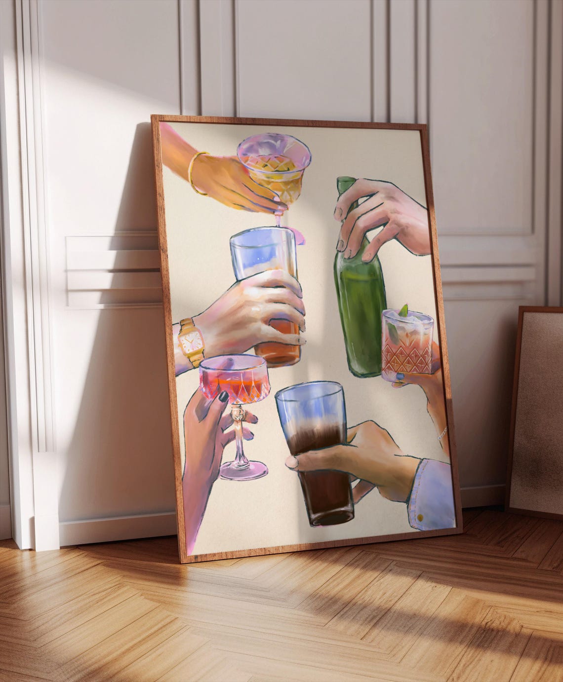 Friends Cheers Cocktail Toast Watercolor Hands Bar Cart Party Wall Art - Image 2