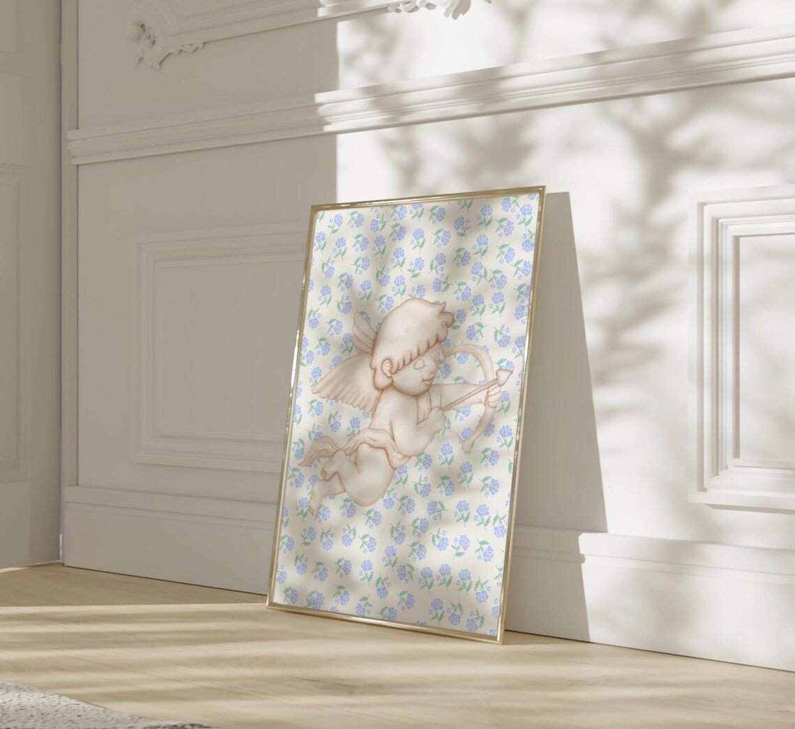 Blue Cherub Angel Wall Art Vintage Cupid Right Floral Nursery Print - Image 2
