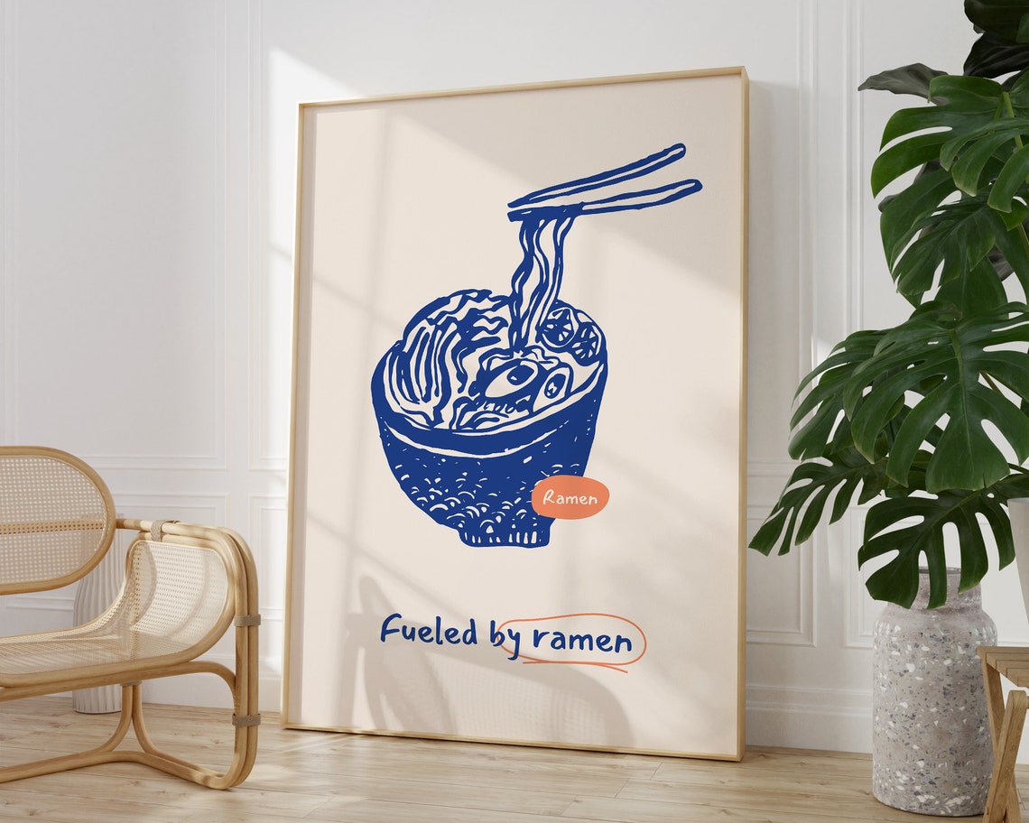 Fueled By Ramen Japanese Noodle Bowl Blue Kitchen Funny Art Poster - Image 3