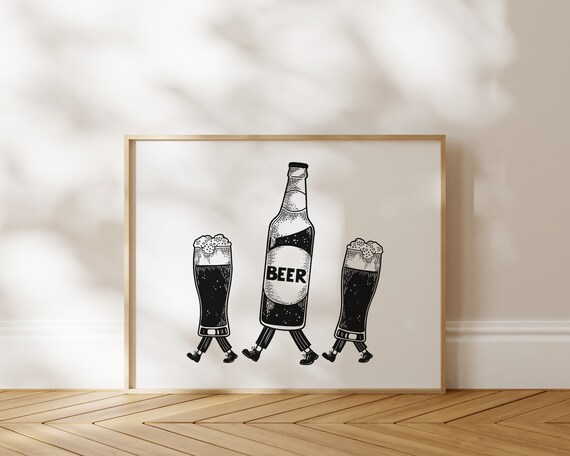 Beer Walking Bottle Funny Bar Cart Retro Illustration Drinks Art Poster