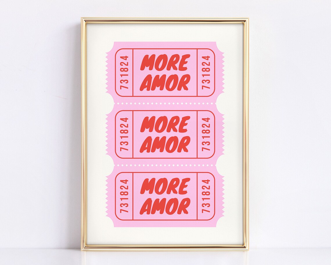 More Amor Hot Pink Retro Ticket Stub Trendy Girls Room Poster - Image 2