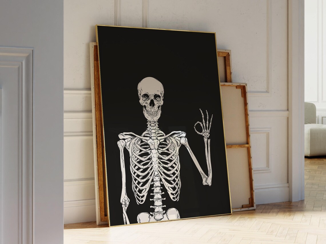Skeleton OK Hand Gesture Halloween Decor Black White Spooky Art Poster - Image 2