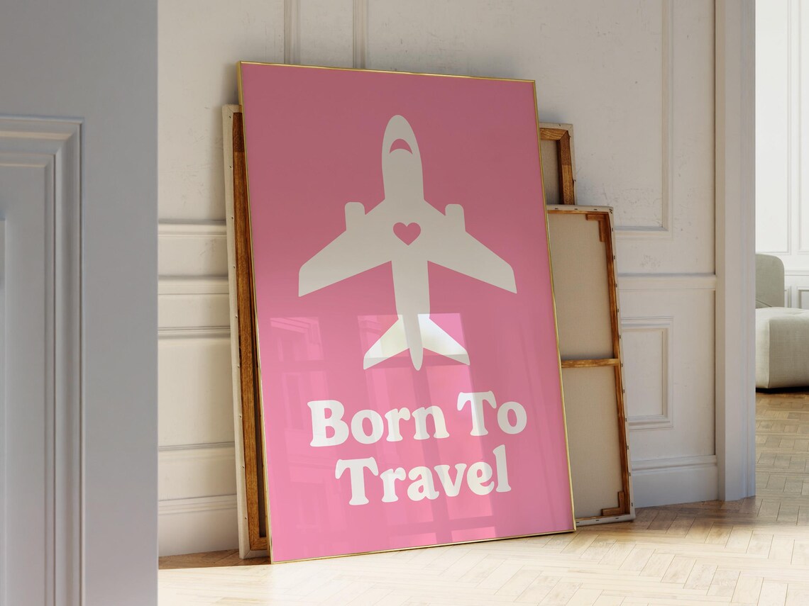 Born To Travel Pink Airplane Retro Girly Travel Quote Wanderlust Poster - Image 3