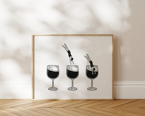 Women Diving Into Wine Glasses Funny Bar Cart Ink Minimal Art Poster