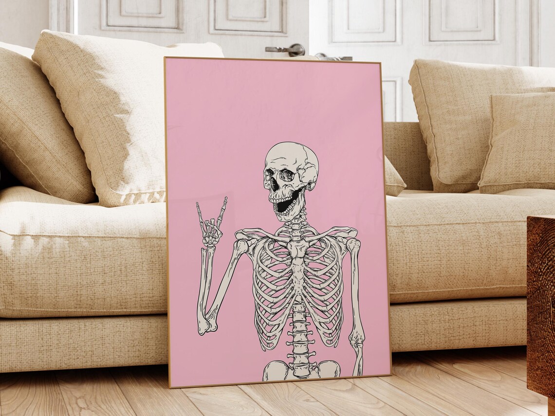 Pink Skeleton Peace Sign Halloween Art Funny Retro Skeleton Poster - Image 2