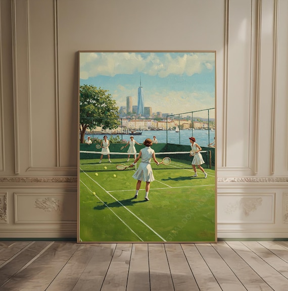 Tennis Players on New York Court with Skyline Retro Oil Painting Poster