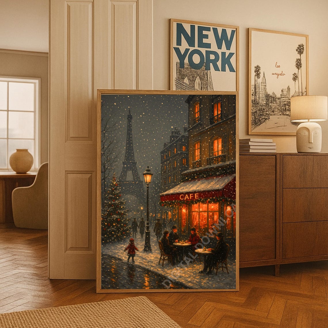 Paris Print Winter Cityscape Art Holiday Wall Christmas Decor France Travel Snowy Cozy Cafe Dark Moody Painting