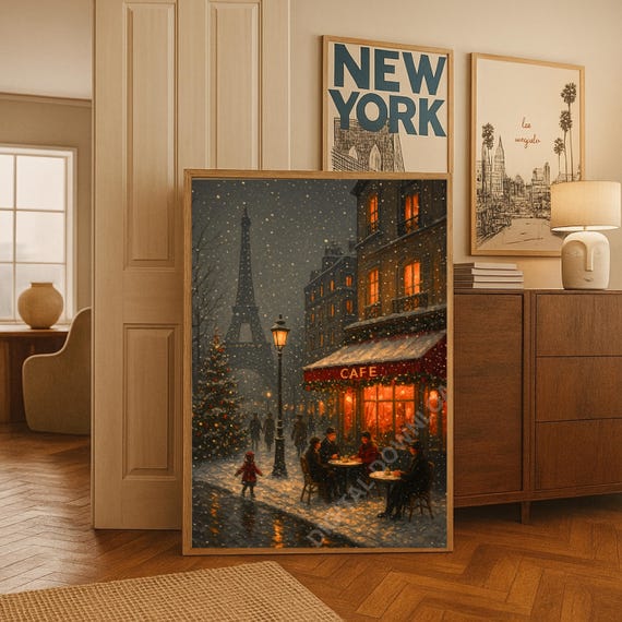 Paris Print Winter Cityscape Art Holiday Wall Christmas Decor France Travel Snowy Cozy Cafe Dark Moody Painting