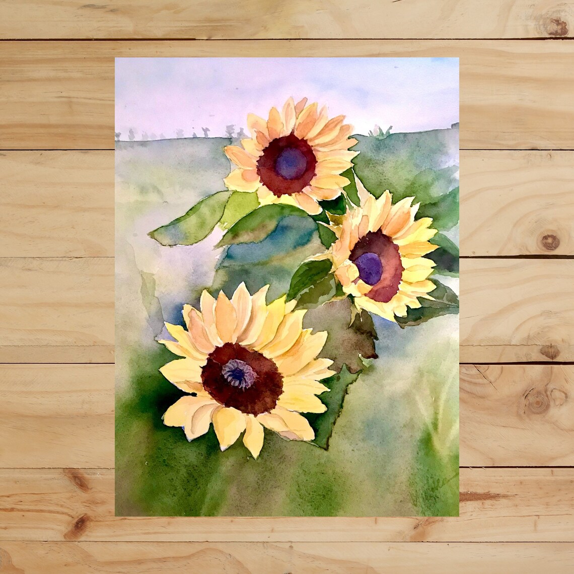 Three Golden Sunflowers in a Bright Summer Field Watercolor Poster - Image 2