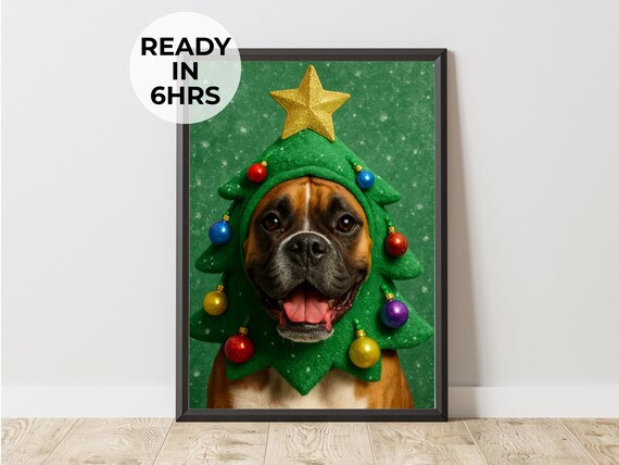 Custom Christmas Tree Pet Portrait, Holiday Art Print