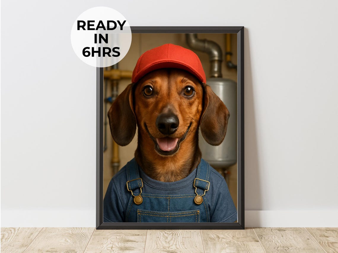 Plumber Pet Portrait, Funny Dog Gift