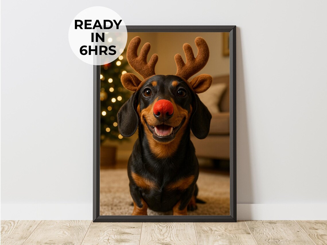 Custom Reindeer Pet Portrait, Funny Christmas Art Print