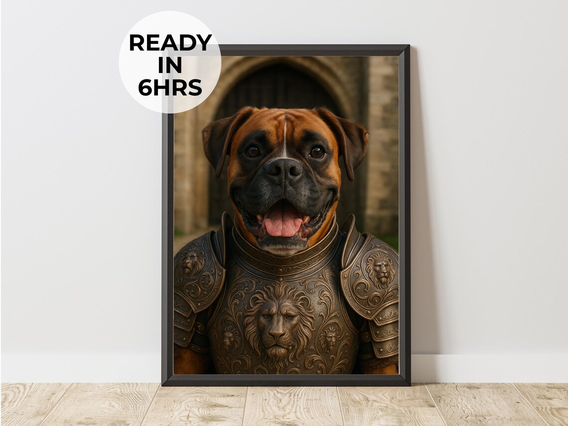 Boxer Dog Knight Armor Lion Crest Funny Medieval Pet Portrait Print