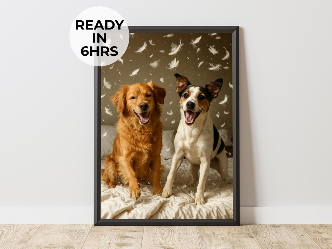Custom Funny Pillow Fight Dogs Portrait Golden Retriever Pet Art Poster