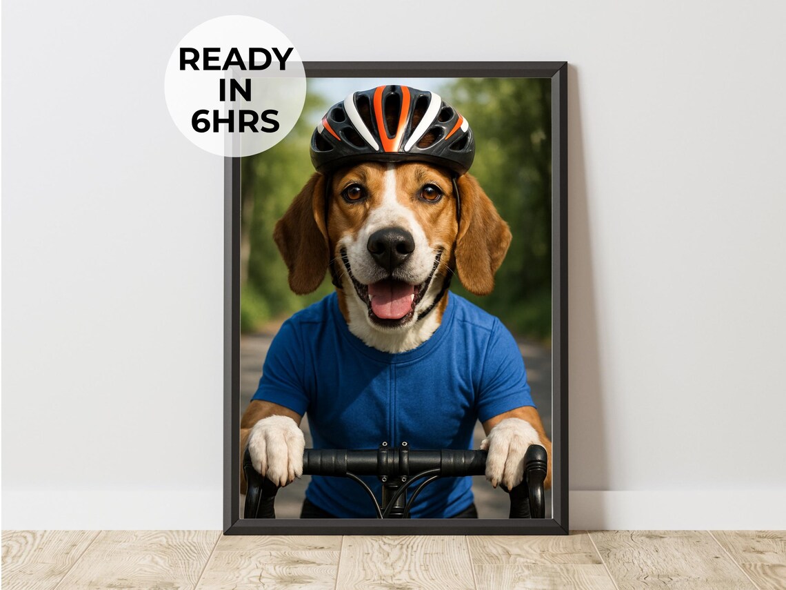 Cyclist Pet Portrait, Funny Biker Art Print