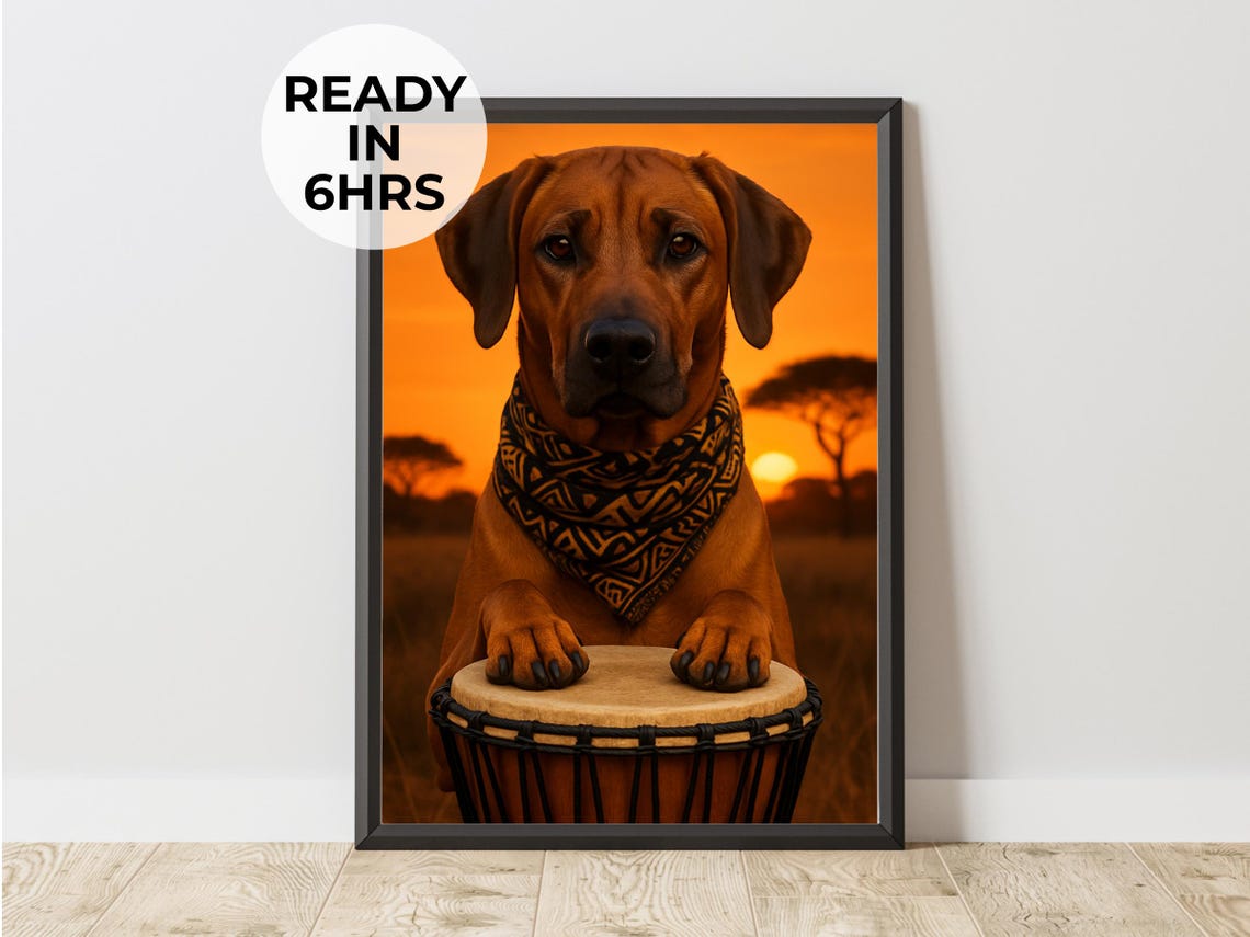 Safari Dog With Djembe Drum African Sunset Funny Pet Art Poster