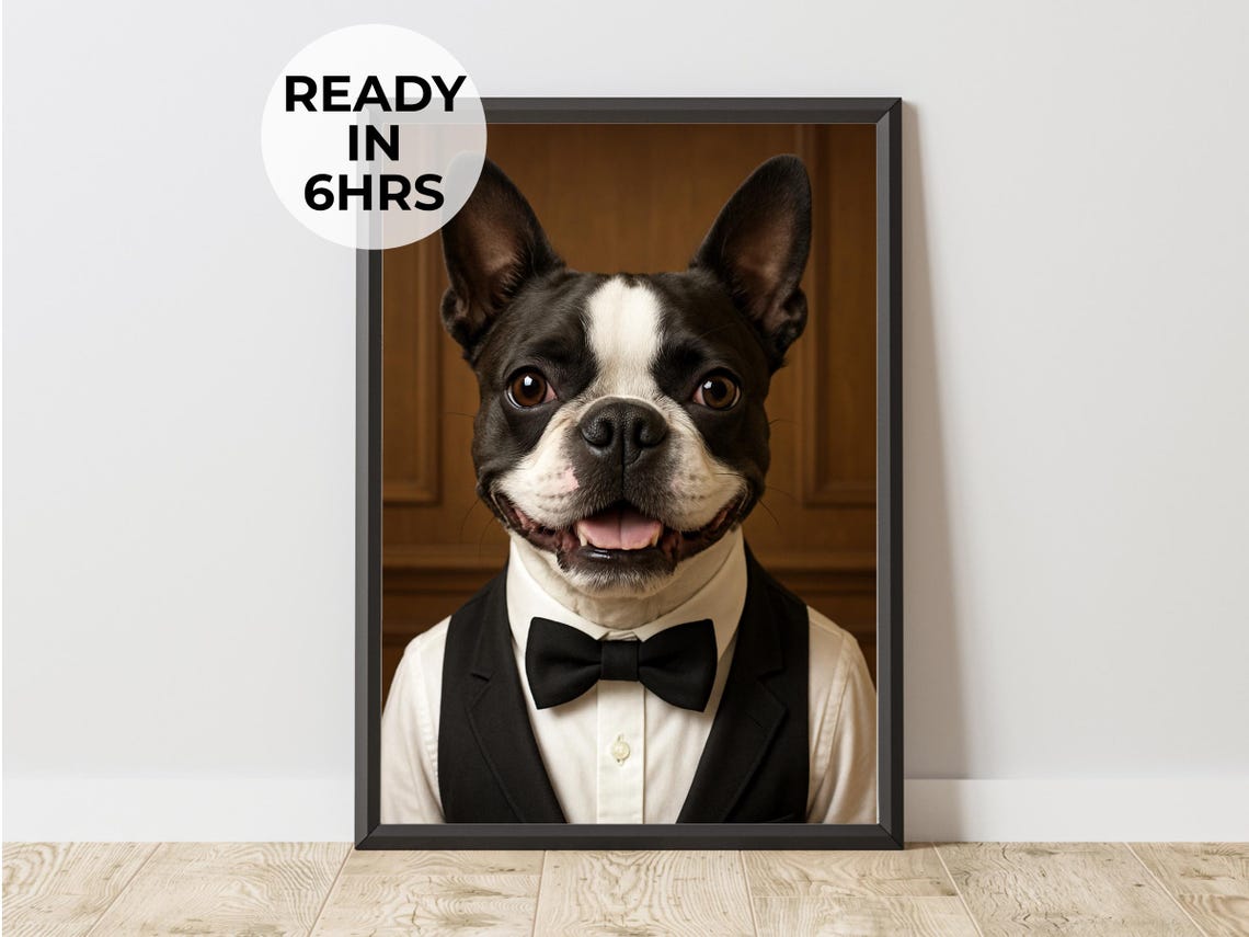 Boston Terrier in Tuxedo Bow Tie Funny Dog Portrait Photo Poster