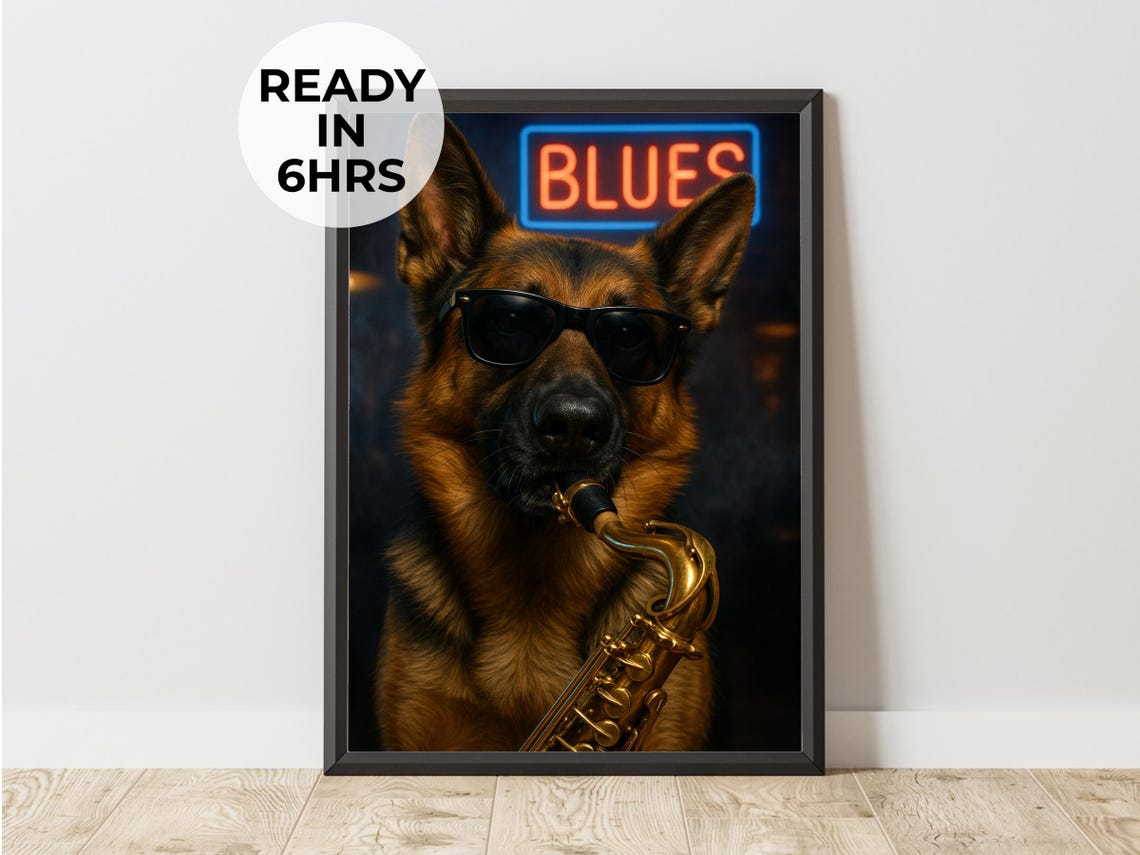 German Shepherd Saxophone Player Neon Blues Sign Cool Music Dog Poster