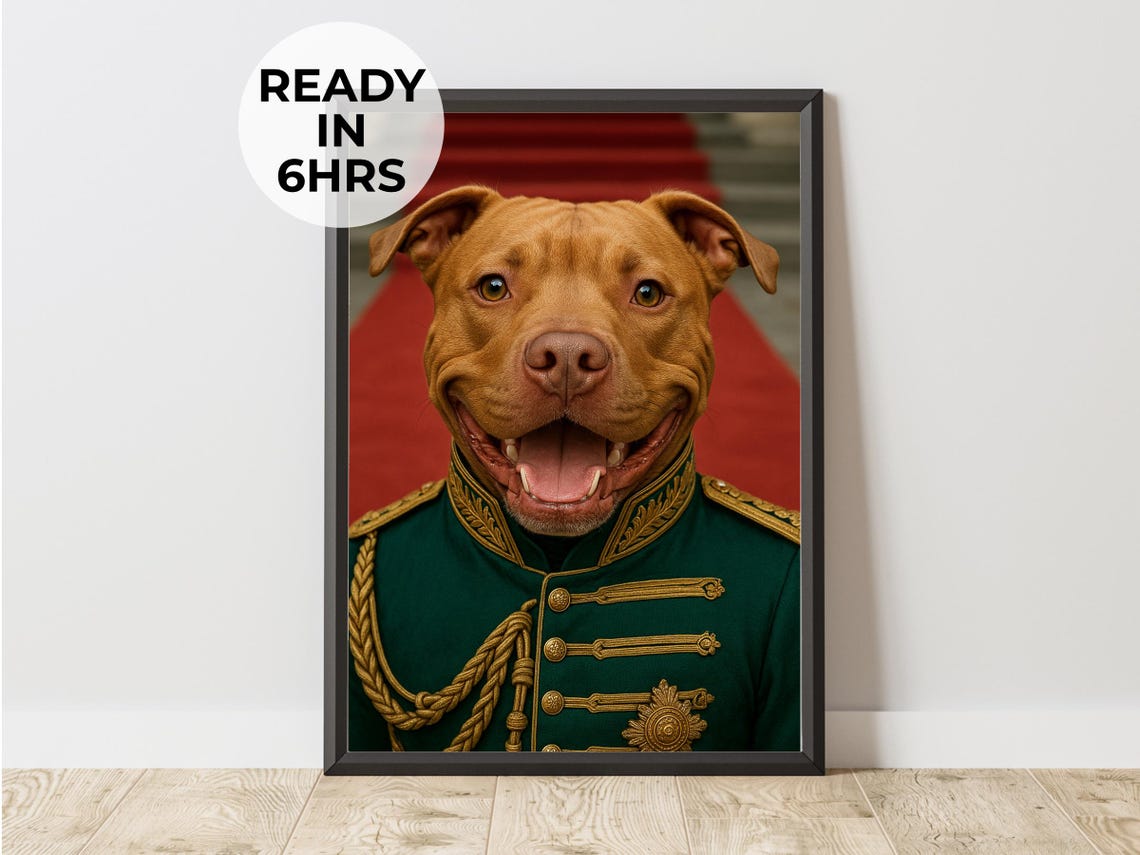 Pit Bull Military General Uniform Funny Regal Dog Portrait Print
