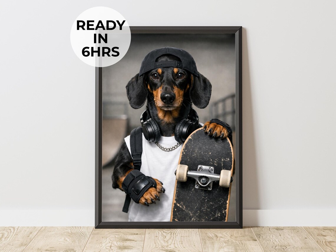 Custom Dachshund Portrait as a Skateboarder With Headphones Wall Art