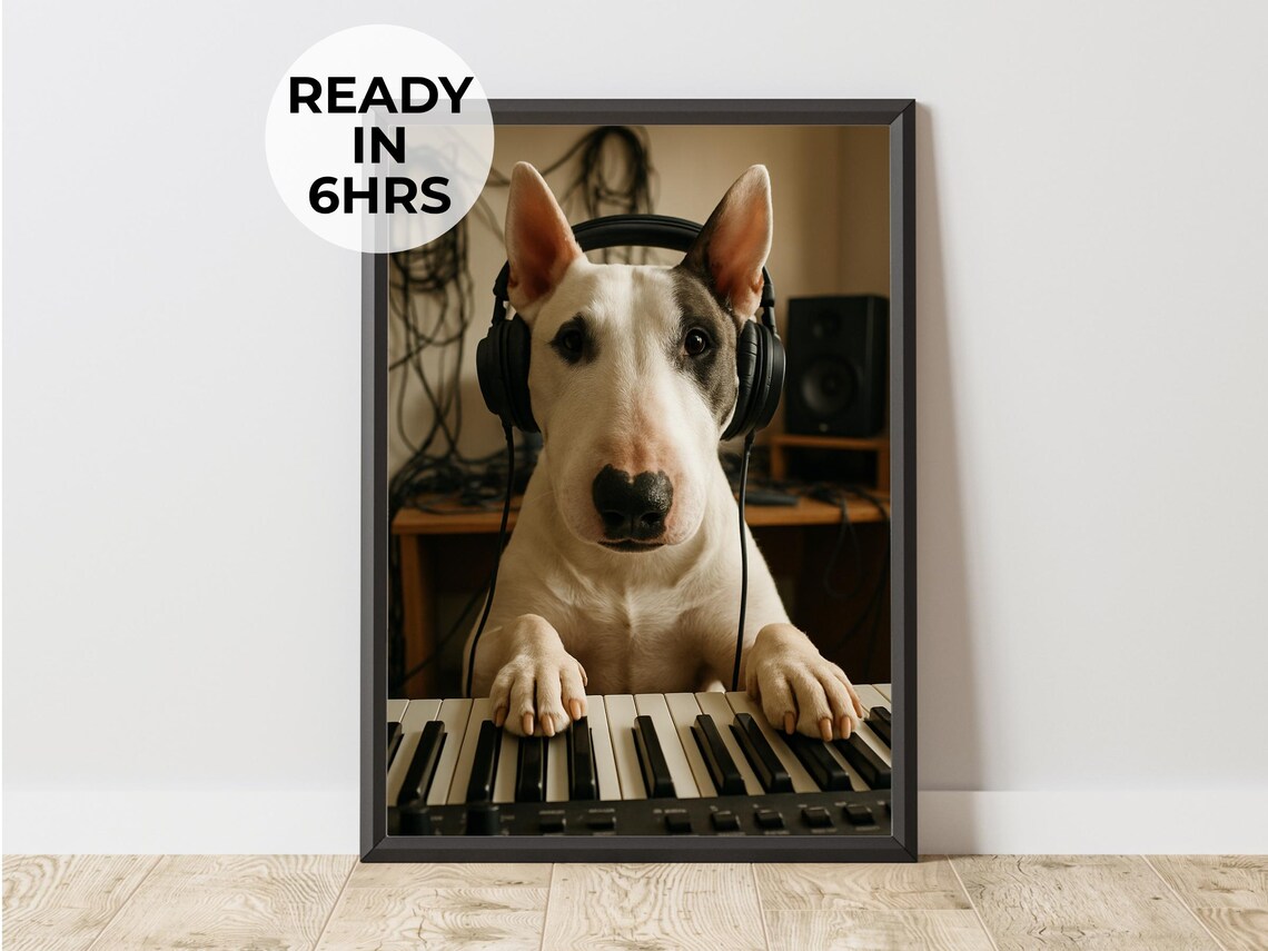 Bull Terrier DJ Dog With Headphones Playing Piano Art Poster