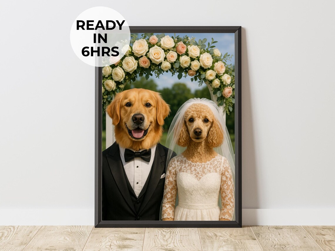 Custom Wedding Pet Portrait Art Print, Couple Gift