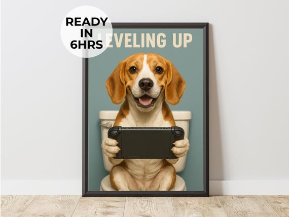 Level Up Pet Portrait Funny Gamer Dog Art Bathroom Decor