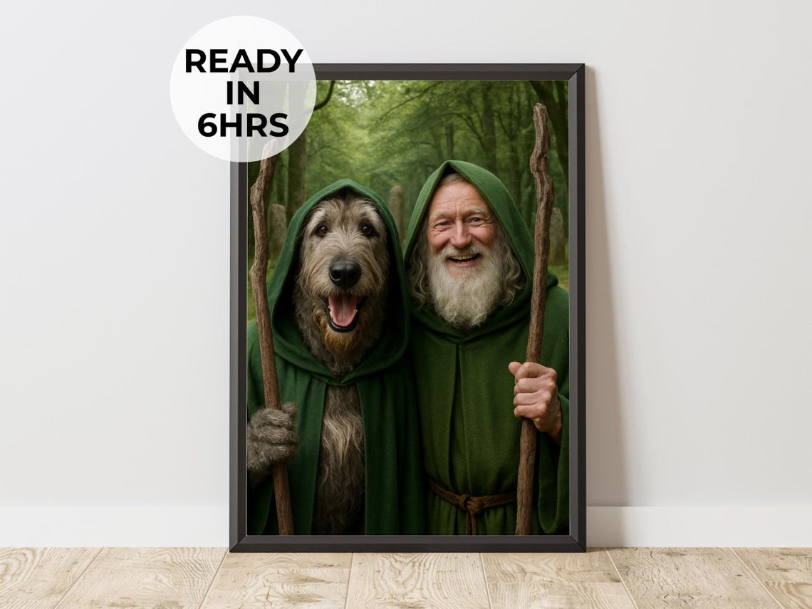 Druid Forest Pet Portrait Green Robe Staff Fantasy Scene Poster